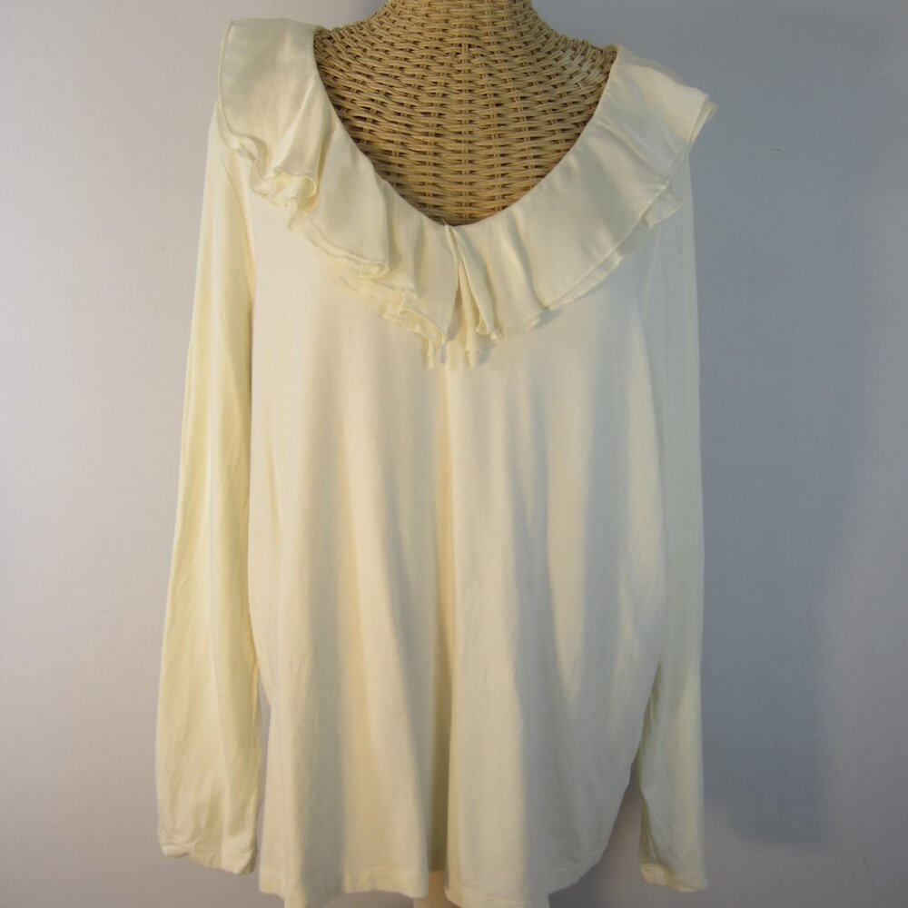 Ralph Lauren Women 2X Cream Ivory LS Ruffle Knit Top Shirt Retail $90 V Neck